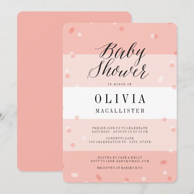 Cute Confetti Pink Stripes fille Invitation Baby s (Devant / Derrière)
