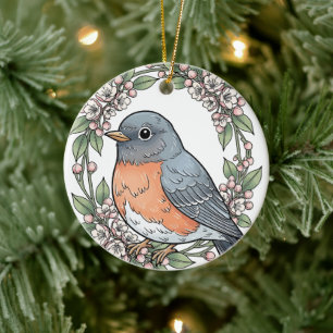 Cute Connecticut Bird With Mountain Laurel Ceramic Ornament