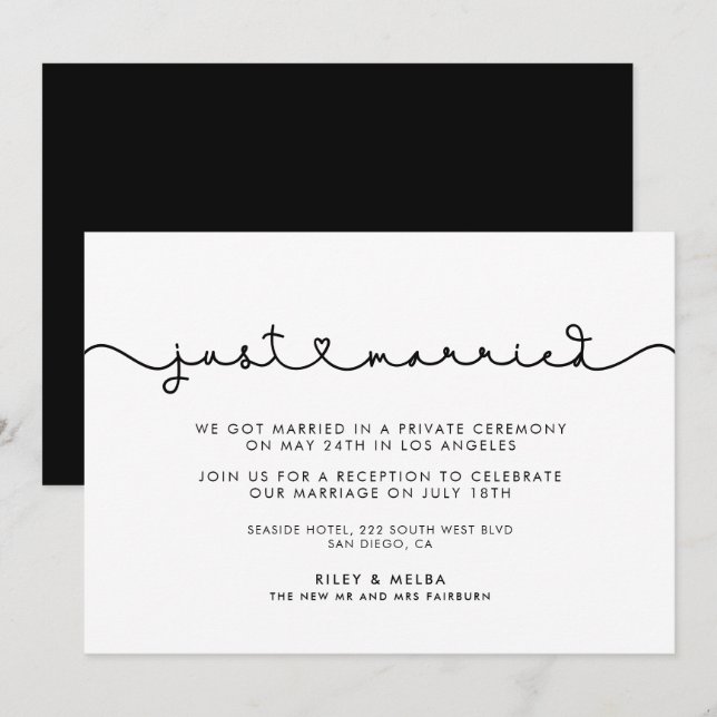 Cute connecting heart font Just married Invitation (Front/Back)