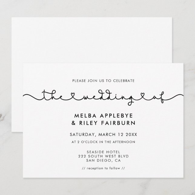 Cute connecting heart font wedding invitation (Front/Back)