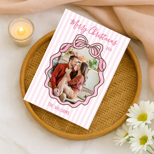 Cute Conquette Pink Bow Custom Photo Holiday Card