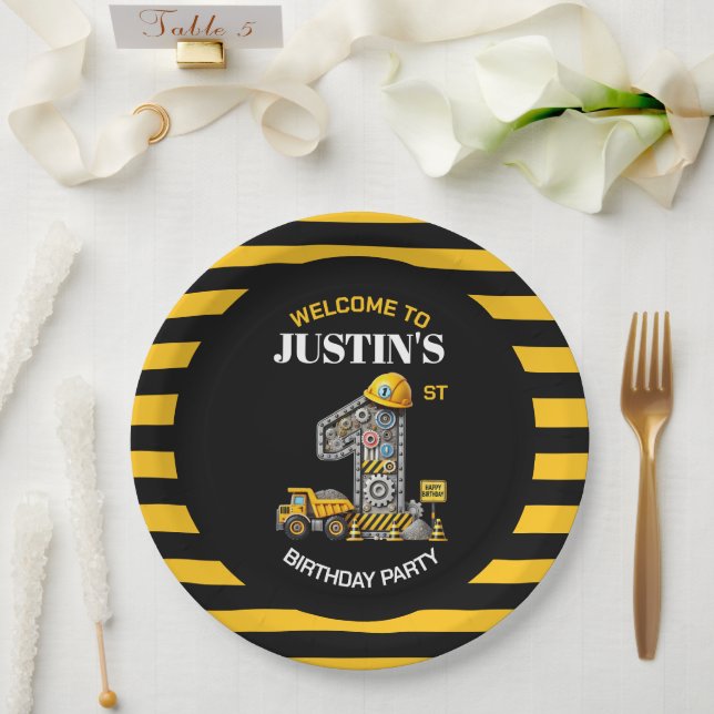 Cute Construction 1st Birthday Party Paper Plates (Wedding)