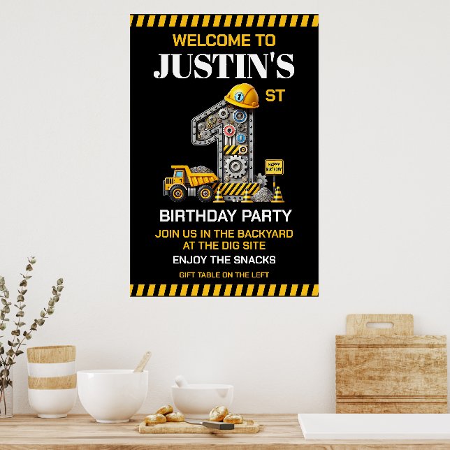 Cute Construction 1st Birthday Party Poster (Kitchen)