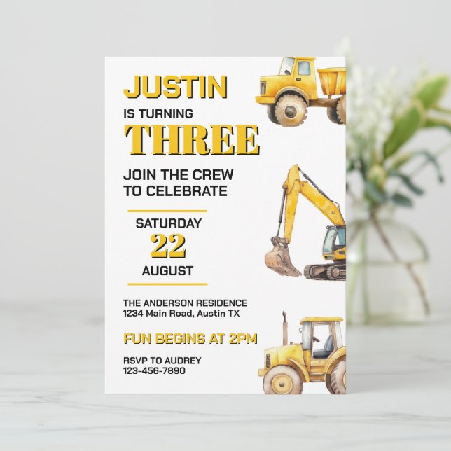 Cute Construction Any Age Birthday Party Invitation (Standing Front)