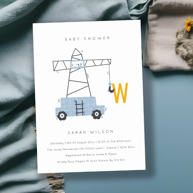 Cute Construction Crane Boy's Baby Shower Invite (Creator Uploaded)