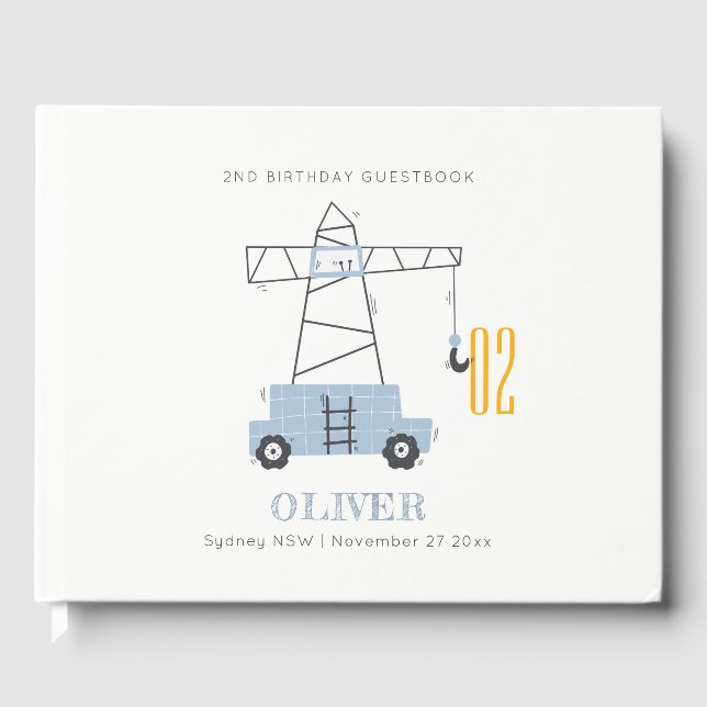 Cute Construction Crane Kids Any Age Birthday Guest Book (Front)