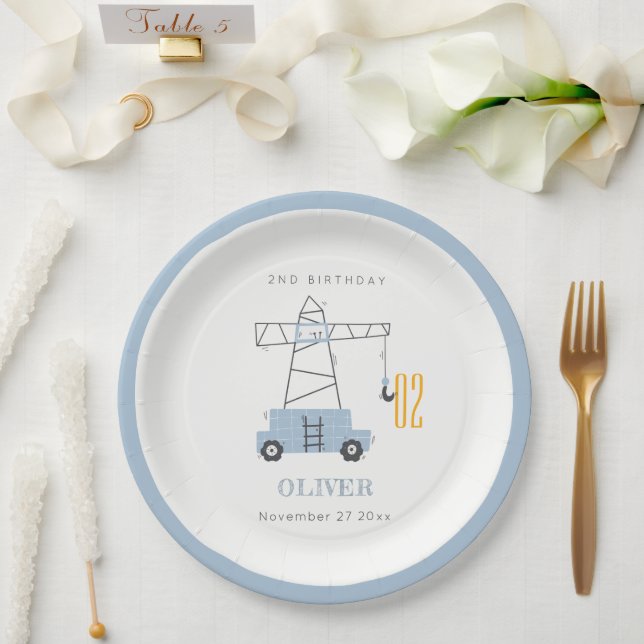 Cute Construction Crane Kids Any Age Birthday Paper Plate (Wedding)