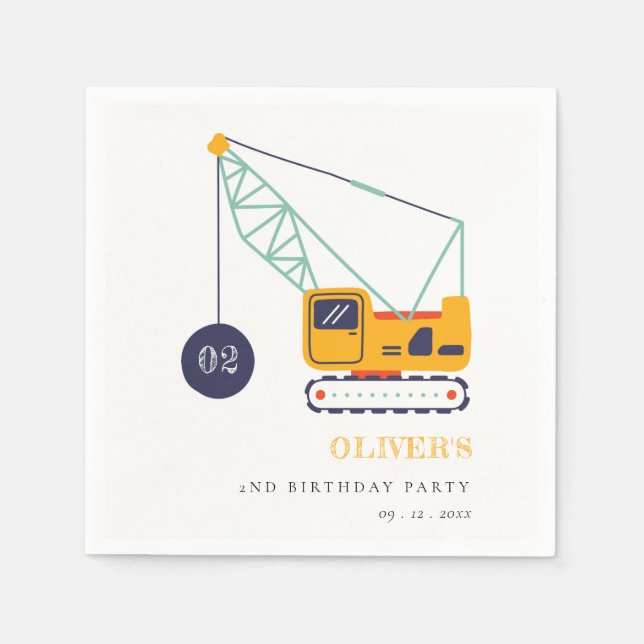 Cute Construction Crane Vehicle Any Age Birthday Napkin (Front)