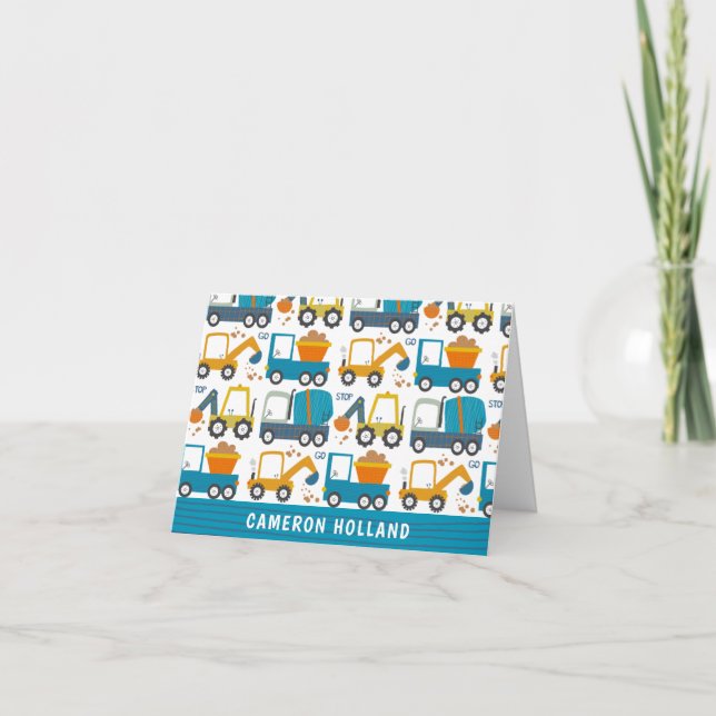 Cute Construction Diggers Personalized Stationery Note Card (Front)