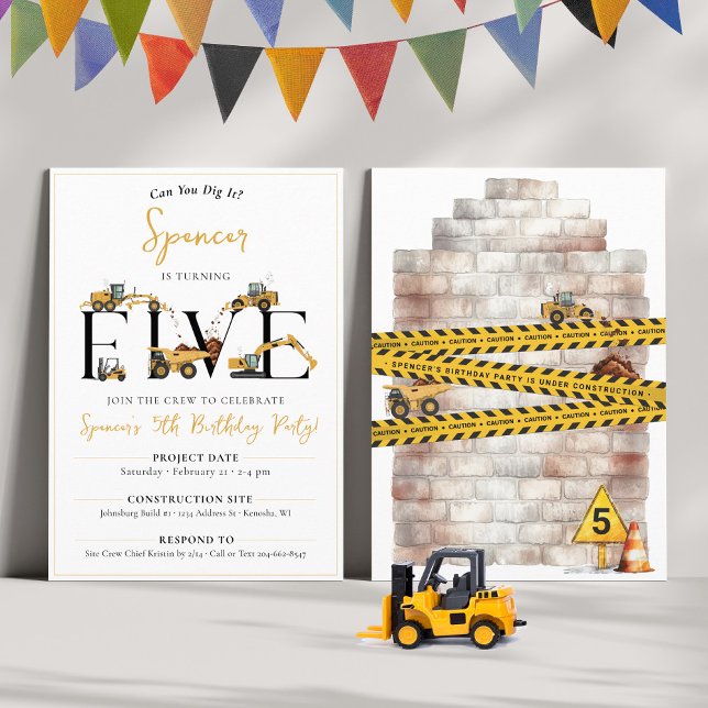 Cute Construction Dump Truck 5th Birthday Party Invitation (Boys fun construction theme party dump trucks digger join the crew FIVE 5th birthday invitation)