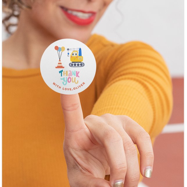 Cute Construction Theme Birthday Thank You Classic Round Sticker (Creator Uploaded)