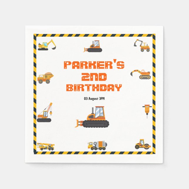 Cute Construction Theme Kid's Birthday Party Napkin (Front)