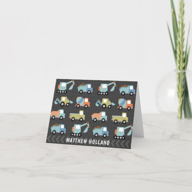 Cute Construction Trucks Personalized Stationery Thank You Card (Front)