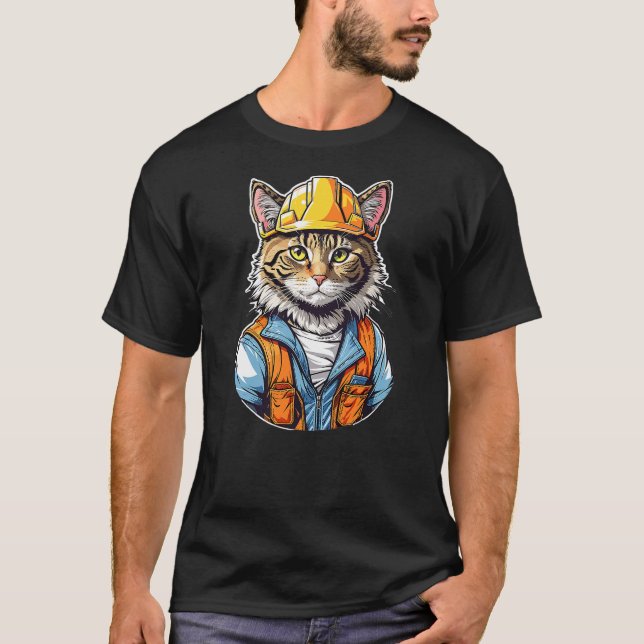 Cute Construction Worker Cat With A Hard Hat Graph T-Shirt (Front)