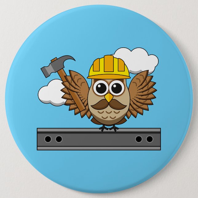 Cute Construction Worker Owl with Hard Hat Cartoon 6 Inch Round Button (Front)