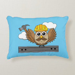 Cute Construction Worker Owl with Hard Hat Cartoon Accent Pillow