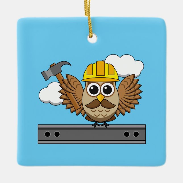 Cute Construction Worker Owl with Hard Hat Cartoon Ceramic Ornament (Front)