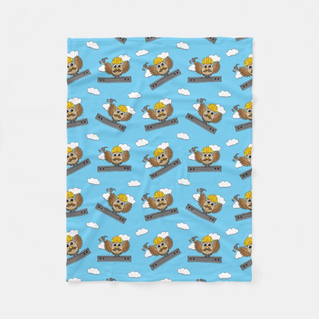Cute Construction Worker Owl with Hard Hat Cartoon Fleece Blanket (Front)