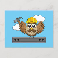 Cute Construction Worker Owl with Hard Hat Cartoon