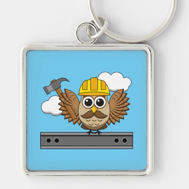 Cute Construction Worker Owl with Hard Hat Cartoon Keychain (Front)