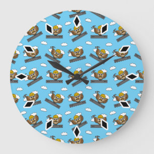 Cute Construction Worker Owl with Hard Hat Cartoon Large Clock