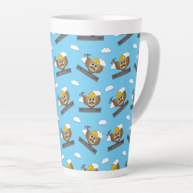 Cute Construction Worker Owl with Hard Hat Cartoon Latte Mug (Right Angle)