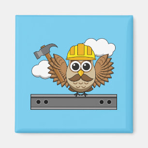 Cute Construction Worker Owl with Hard Hat Cartoon Magnet