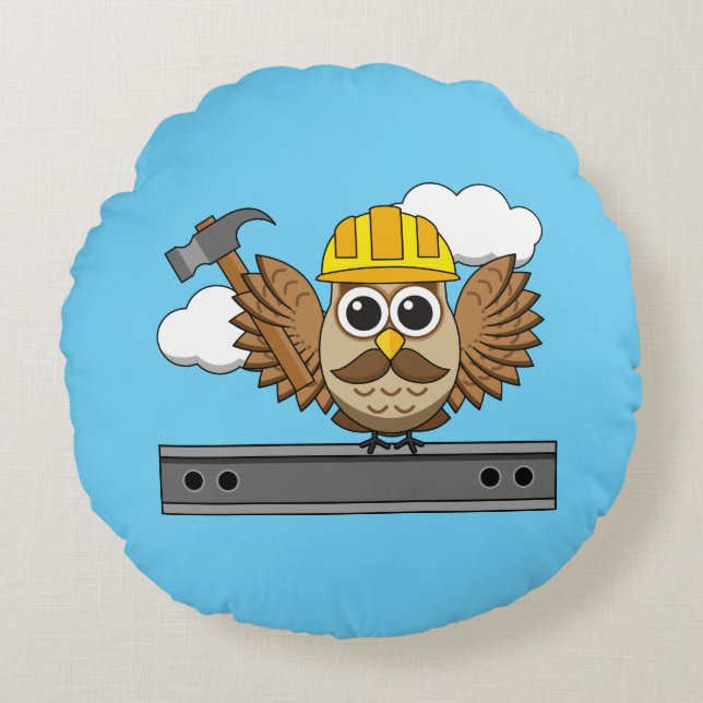 Cute Construction Worker Owl with Hard Hat Cartoon Round Pillow (Front)