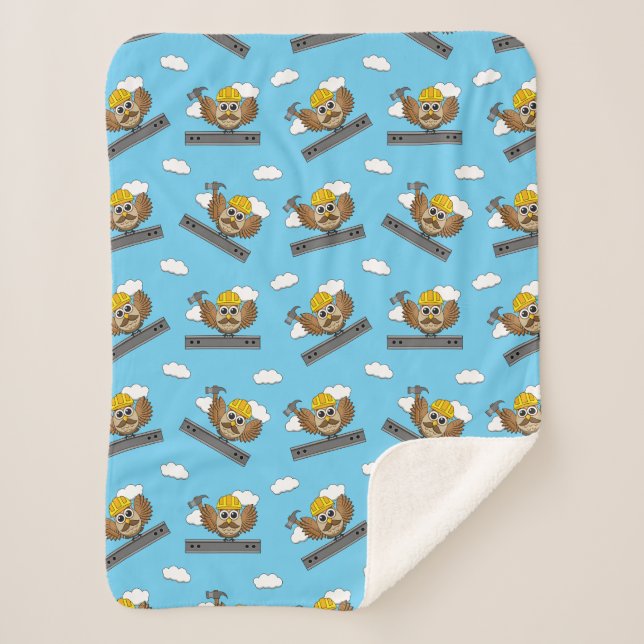 Cute Construction Worker Owl with Hard Hat Cartoon Sherpa Blanket (Front)