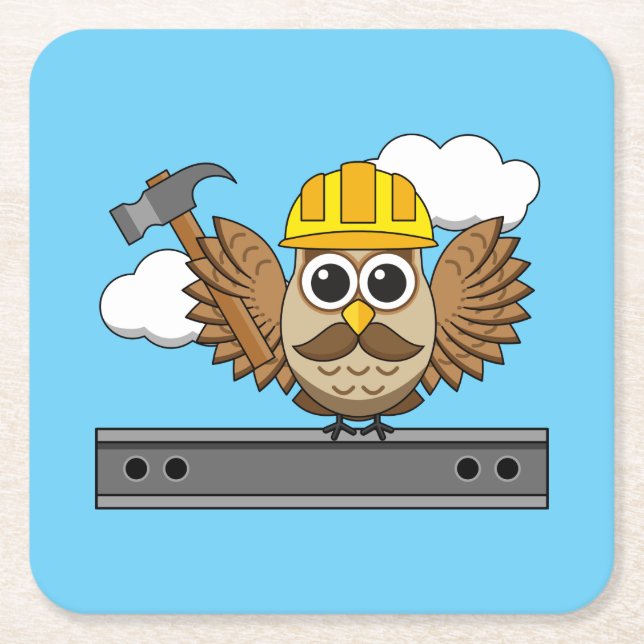 Cute Construction Worker Owl with Hard Hat Cartoon Square Paper Coaster (Front)