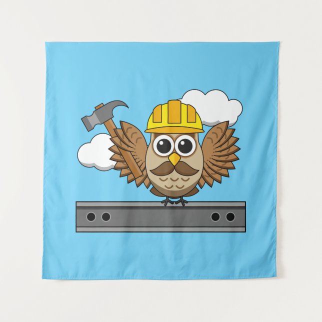 Cute Construction Worker Owl with Hard Hat Cartoon Tapestry (Front)