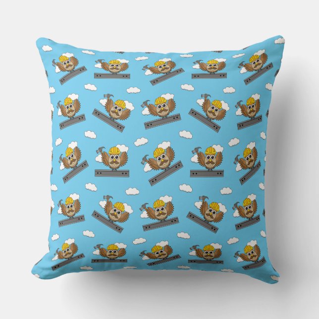 Cute Construction Worker Owl with Hard Hat Cartoon Throw Pillow (Front)