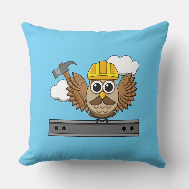 Cute Construction Worker Owl with Hard Hat Cartoon Throw Pillow (Front)