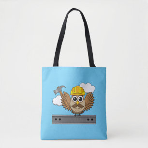 Cute Construction Worker Owl with Hard Hat Cartoon Tote Bag