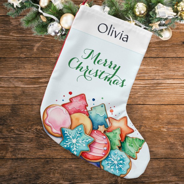 Cute Cookies Holiday Treats Personalized Small Christmas Stocking (A personalized Christmas stocking featuring colorful festive cookies in a watercolor style)