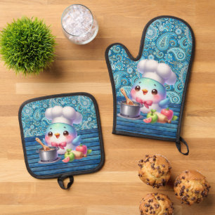 Cute cooking kitchen bird lovers oven mitt & pot holder set