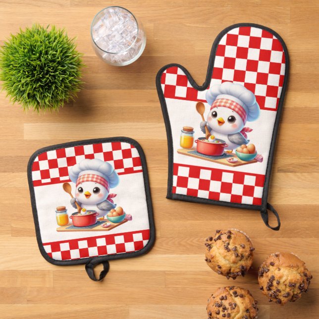 Cute cooking kitchen bird lovers oven mitt & pot holder set (Top Down)