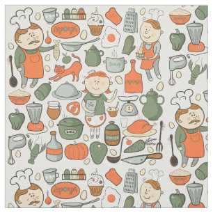 Cute Cooking Kitchen Pots Pans Vintage Pattern Fabric