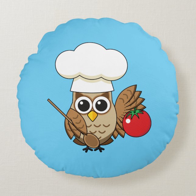 Cute Cooking Owl Cartoon Round Pillow (Front)