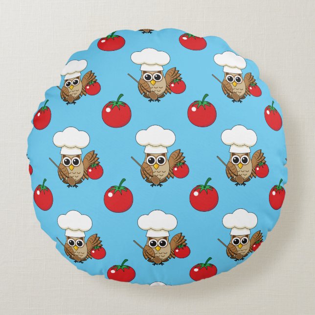 Cute Cooking Owl Cartoon Round Pillow (Front)