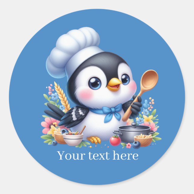 Cute cooking penguin customizable  classic round sticker (Front)