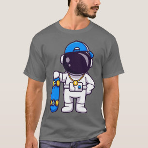 Cute Cool Astronaut With Skateboard Cartoon T-Shirt
