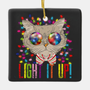 Cute & Cool Christmas Cat w/ Lights & Photo Cerami Ceramic Ornament