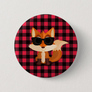Cute Cool Fox with Sunglasses on Red Gingham 2 Inch Round Button