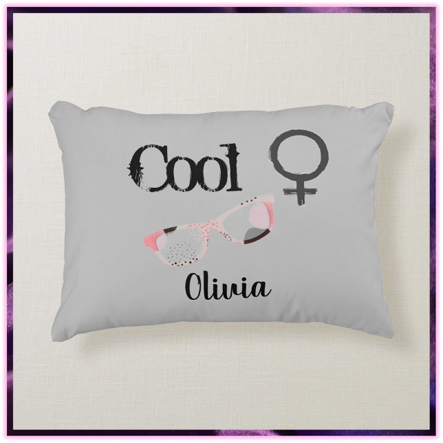 Cute Cool Girl with Sunglasses Grey and Pink Accent Pillow (Creator Uploaded)