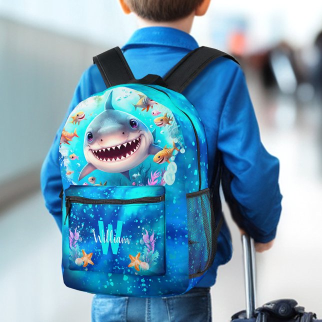 Cute Cool Happy Shark Blue Ocean Name Monogram Boy Printed Backpack (Cute Cool Happy Shark Blue Ocean Name Monogram Boy Printed Backpack)
