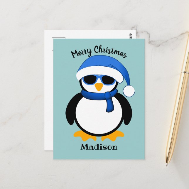 Cute cool penguin Merry Christmas blue  Postcard (Front/Back In Situ)