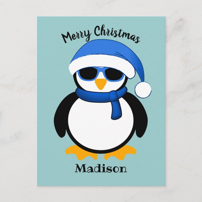 Cute cool penguin Merry Christmas blue  Postcard (Front)