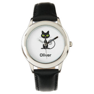 Cute Cool Sitting Black Cat with Green Eyes Watch