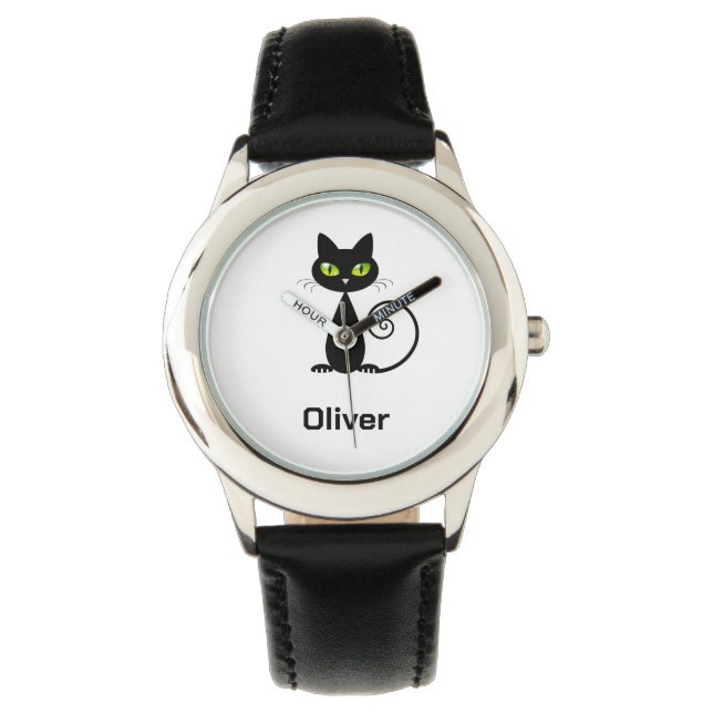 Cute Cool Sitting Black Cat with Green Eyes Watch (Front)